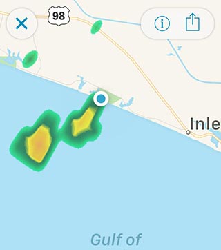 Radar at 5:54 of the rain approaching my location as the sun did appear in the N opposite the storm's path