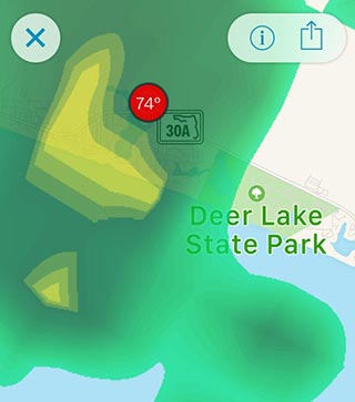 Radar at 7:11 still raining at 74&deg; F where I made my getaway